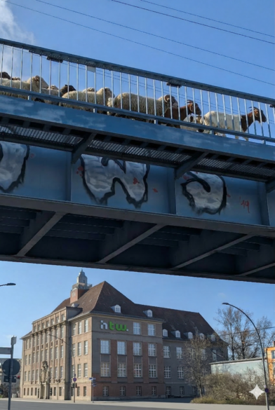 Logistische Pionierarbeit: Eine koordinierte Aktion soll die Schaf- und Ziegenherde über die Bahnbrücke Treskowallee führen. (KI-generiert)