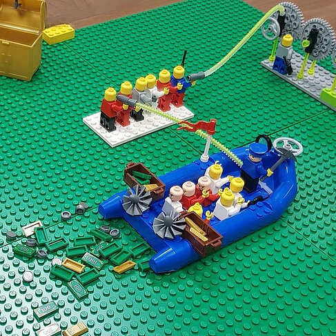 Lego-Figuren in einem blauen Boot und auf einer grünen Bauplatte mit Zahnrädern und Seilzugmechanismus