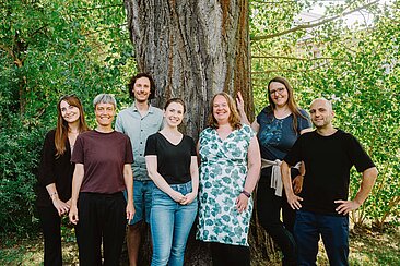 Teamfoto der AG Nachhaltigkeit: Jennifer Schneidt; Eske Heister; Markus Streichardt; Sarah Marx; Sally Paege; Susann Ullrich; Till Rosemann (von links nach rechts) © HTW Berlin/Alexander Rentsch Teamfoto der AG Nachhaltigkeit: Jennifer Schneidt; Eske Heister; Markus Streichardt; Sarah Marx; Sally Paege; Susann Ullrich; Till Rosemann (von links nach rechts)
