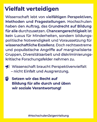 Statement "Vielfalt verteidigen" im Rahmen der Kampagne © Bündnis HOCHSCHULEN ZEIGEN HALTUNG
