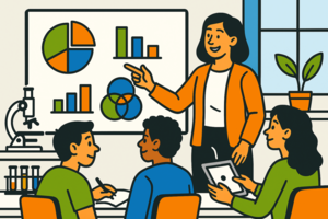 Illustration: Frau erklärt drei Personen etwas an einer Tafel mit Diagrammen.