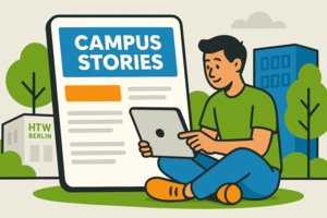 Illustration: Ein Student liest „Campus Stories“ auf dem Tablet vor der HTW Berlin.