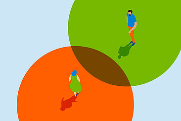 Illustration: Vogelperspektive auf zwei Personen stehen in unterschiedlich gefärbten Kreisen, die sich an einer Stelle überlappen