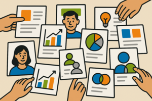 Illustration: Blätter mit Texten und Bildern auf einem Tisch.