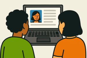 Illustration: Zwei Menschen schauen auf einen Laptop mit Text und einem Porträt.