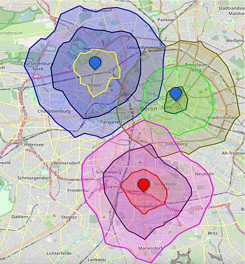 Bunte Kreise auf einem Stadtplan
