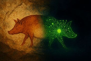 KI-generierte Illustration eines Schweins auf einer Steinwand, das übergeht in eine leuchtend grüne Spiegelung, die an Leiterbahnen auf Mikrochips erinnert